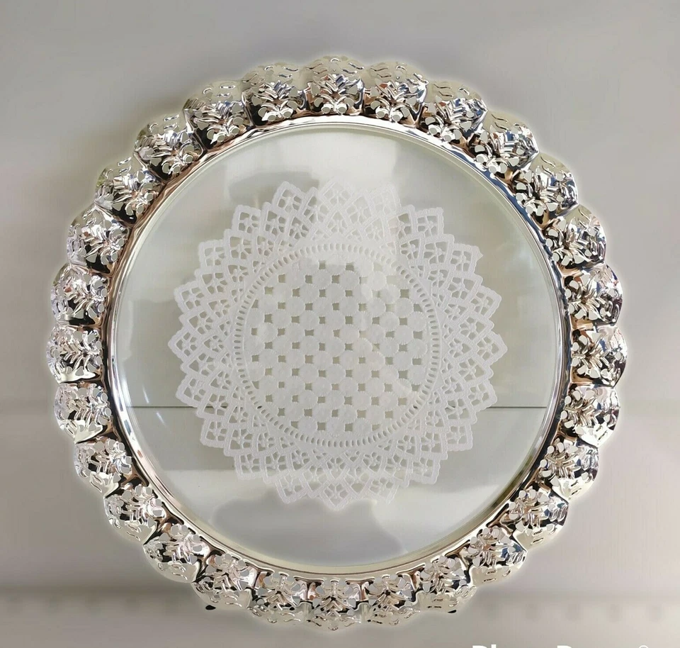 Vassoio Piatto Torta Argento E Vetro Con Pizzo  - Immagine 1 di 4
