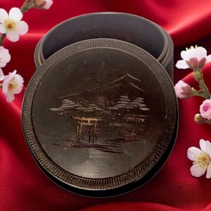 Vintage Japanese Wooden Trinket Box Carved Lid Temple Scene Mount Fuji - Picture 1 of 7