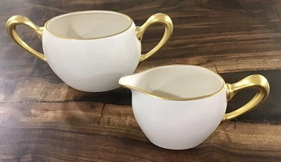 Juego de jarra de azúcar crema Lenox vintage porcelana de hueso marfil oro borde estampado Foto 1 de 4