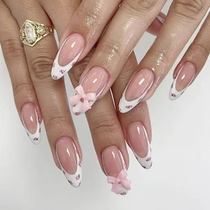 24Pieces Artificial Nail Medium Length Tulips Floral Pattern Bows Detail - Picture 1 of 8