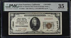 1929 $20 Dollar National Currency Banknote of San Francisco CA #13044 PMG 35 - Picture 1 of 2