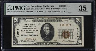1929 $20 Dollar National Currency Banknote of San Francisco CA #13044 PMG 35 - Image 1 of 2