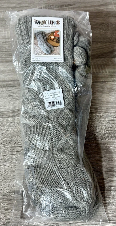 MUK Luks Cabin SLIPPER Socks Cable Knit Pom Poms Faux Sherpa Lining L/xl