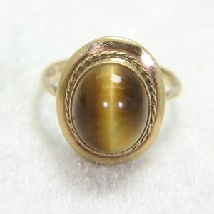 Anillo de oro amarillo de 9 quilates ojo de tigre vintage talla N 1/2 ~ 7 - Imagen 1 de 11