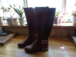 PRIMARK KNEE HIGH BOOTS LEATHER LOOK ELASTIC SIDE HEEL 1" SIZE 4 WIDER FIT - Picture 1 of 5