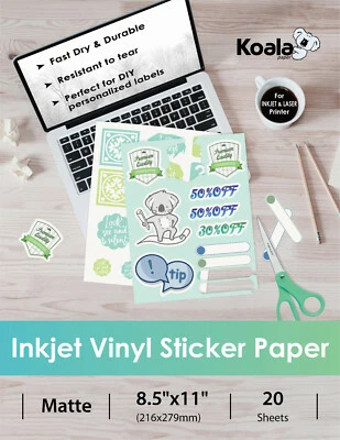 Koala Printable Vinyl Sticker Paper Inkjet Laser Printer Waterproof Matte 8.5x11 - Image 1 of 4