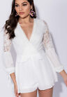 Womens White Lace Body Open Back Tie Sleeve Playsuit