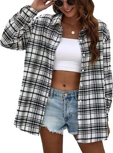 Flannel Buffalo Plaid Shirts for Women Oversized Button Down Shacket Blouse Tops - Picture 1 of 125