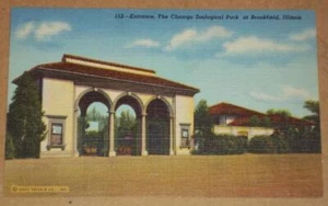 UNUSED LINEN POSTCARD ENTRANCE THE CHICAGO ZOOLOGICAL PARK AT  BROOKFIELD, IL - Picture 1 of 2