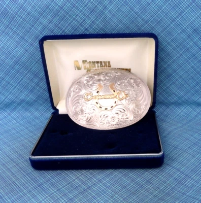 Cowgirl Up Horseshoe & Western Scroll Belt Buckle Montana Silversmiths   .GMP020 - Image 1 of 4