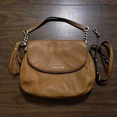 Michael Kors Bedford Bag Brown Pebbled Leather Tassel Crossbody Strap Chain Link - Image 1 of 4