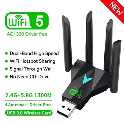 1300Mbps Dual Band WLAN USB Adapter 2.4G/5GHz USB3.0 4 Antennen Empfänger für PC - Bild 1 von 4