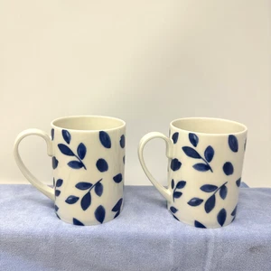 Martha Stewart STOCKHOLM Mugs Set of 2 White w/ Blue Leaves - Picture 1 of 5