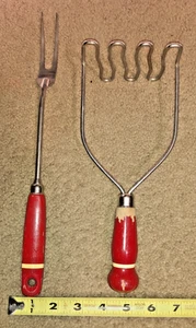 2 Vintage 1950's Ekco Red Wood Handled w/ White Strip Kitchen Utensils - Picture 1 of 3