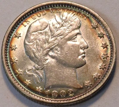 Moneda de plata tipo 25C 1892 Barber Liberty Quarter, tono oro azul alto grado Foto 1 de 4