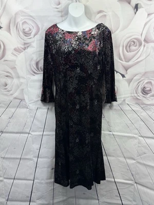 Laura Ashley Línea A Sirena Negro Rojo Terciopelo Talla 12 3/4 Manga Campana Elástica Foto 1 de 4