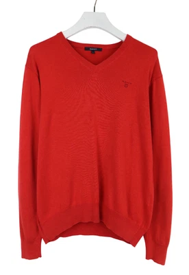 Gant Pull Homme Grand Rouge Col En V Logo Tricoté Pull En Coton Pur - Photo 1/4