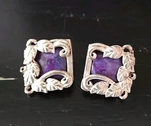 Sterling Silber Ohrclips lila gestorben türkis Stein mit Blättern 5/8" Vintage - Bild 1 von 8