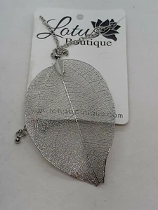 New White Gold Plated Real Leaf Skeleton Pendant Long Necklace  - Picture 1 of 3