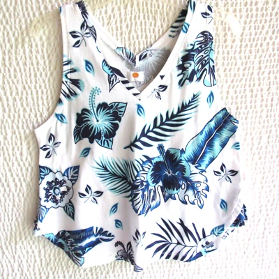 Crop Top L изогнутый подол синий белый цветочный хлопок смесь v-образным вырезом тропический витамин море - Изображение 1 из 4
