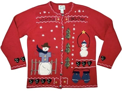 QUAKER FACTORY Winter Snowman Cardigan Sweater Size MEDIUM Red Christmas Holiday - Image 1 of 4