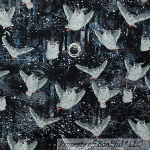BonEful Fabric FQ Cotton Quilt Black Gray B&W White OWL Magic Winter Scenic Tree - Picture 1 of 8