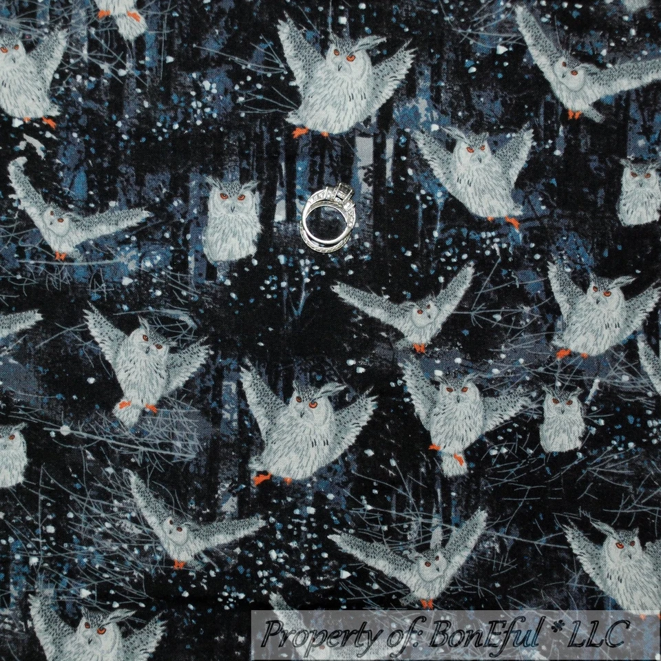 BonEful Fabric FQ Cotton Quilt Black Gray B&W White OWL Magic Winter Scenic Tree - Image 1 of 4