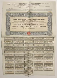 TRAMVIE E FERROVIE ELETTRICHE ROMA 1918 AZIONE SCRIPOFILIA 5 OBBLIGAZIONI - Picture 1 of 3