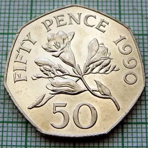 GUERNSEY Elizabeth II 1990 50 PENCE, FREESIA FLOWERS, 7-sided UNC km# 45.1 - Picture 1 of 6