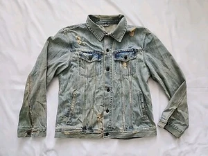 OLD NAVY Mens Size XL Blue Denim Long Sleeve Collar Distressed Jean Jacket - Picture 1 of 10