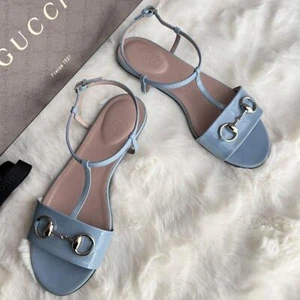 Sandalias planas de cuero GUCCI Horsebit talla 36,5 azul correa al tobillo en caja sin usar - Imagen 1 de 24