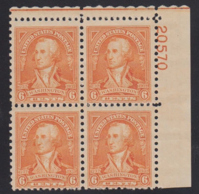 U.S. Sc #711 6 Cent George Washington Bicentennial Plate Block VLH - Image 1 of 2