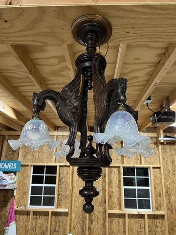 Gothic Black Forest  Carved Wooden Chandelier Griffins Gargoyle Original Shades! Cover