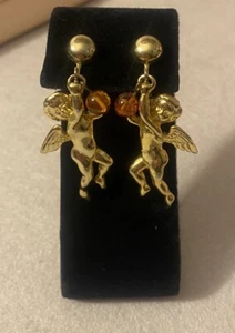 80s Clip-On Dangle Earrings Cherub Angel Jewelry Goldtone Amber Color Stones VTG - Picture 1 of 12