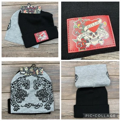 Ed Hardy 2-Pack Knit Beanie Hat Love Kills Slowly Stretch Black Y2K One Size NEW - Image 1 of 4