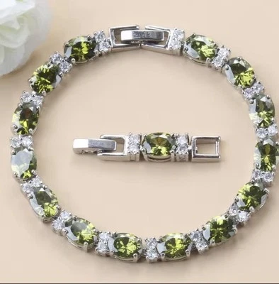 Peridot  Olive Green White Topaz Tennis  Gemstone Sterling Silver 925 Bracelet - Image 1 of 4
