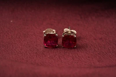 2Ct Cushion Cut Lab Created Pink Ruby Stone Stud Earrings 14K White Gold plated - Image 1 of 4