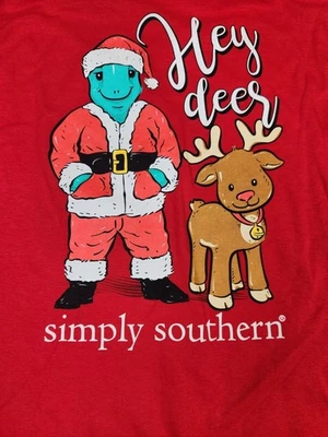 Camisa Simply Southern Youth Grande Vermelha Manga Longa Natal Hey Deer Rudolph Nova Com Etiqueta - Imagem 1 de 4