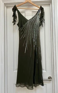 New Laura Ashley Dark Olive Silk Dress Great Gatsby 1920s Sequins Bias Cut 12 10 - Picture 1 of 19