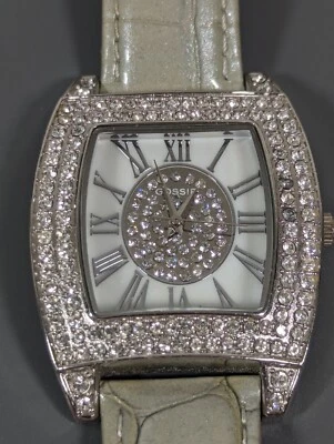 Gossip Crystal Accent White Dial Silver Tone rectangle Case Gray Leather Watch - Image 1 of 4