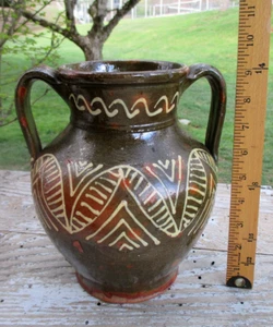 Early Yellow Slipware on Green Glaze Redware Jug Vase 9.5"H Waynesboro PA - Picture 1 of 24