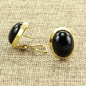 INCREÍBLES PENDIENTES PERFORADOS CON CLIP DE ONIX NEGRO OVALADOS DE DISEÑO ORO AMARILLO 18K - Imagen 1 de 7