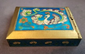 CLOISONNE PEACOCK BOX BLUE ENAMEL PEACOCK MIRROR BOX Trinket Box VTG Brass - Picture 1 of 13