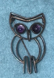 vintage Old sterling silver & Amethyst eyes Owl bird pin brooch Mexico Mexican - Picture 1 of 9