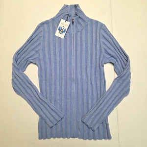 New PURE AMICI Lurex Glitter Full Zip Sweater Women's LARGE L Blue COTTON SILK - Picture 1 of 6