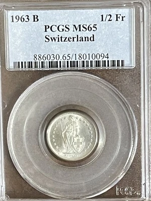 1963-B***SWITZERLAND 1/2 SILVER FRANC***PCGS MS65*** - Image 1 of 4