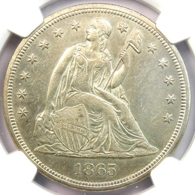 Dólar de plata libertad sentada 1865 Guerra Civil $1 - NGC AU Detalles - ¡Fecha rara! Foto 1 de 4