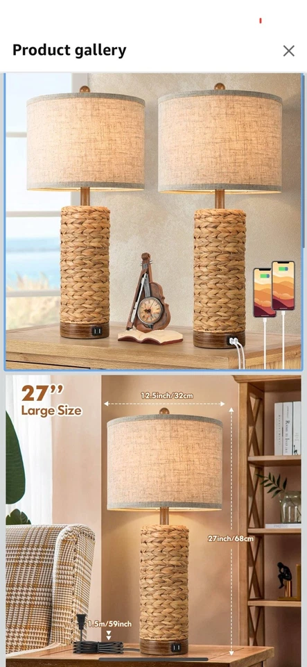 Juego de 2 lámparas de mesa boho mesita de noche de ratán rústica  Foto 1 de 1