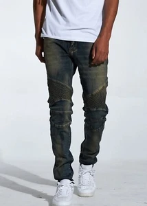 Crysp Denim Men's Skywalker Biker Moto Distressed Skinny Fit Stretch Jeans - Picture 1 of 5