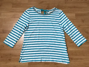 Chicos 2 Striped Shirt Womens L Blue White 3/4 Sleeve Embellished Neckline Keyho - Picture 1 of 11